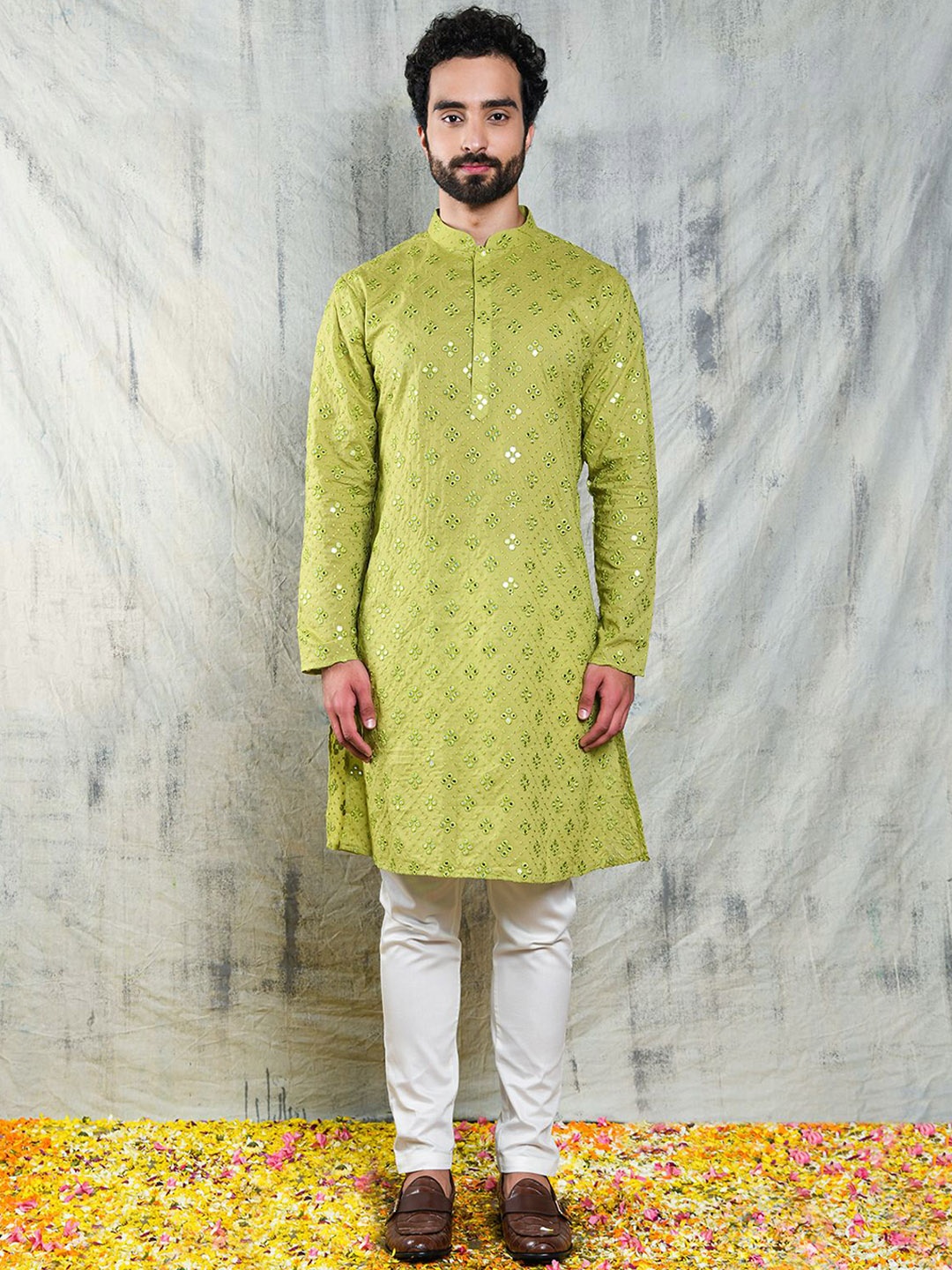 

Be Desi Ethnic Motifs Embroidered Mirror Work Kurta With Trousers, Green