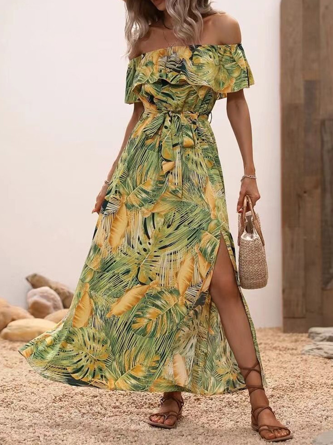 

HERE&NOW Tropical Print Off-Shoulder Maxi Dress, Yellow