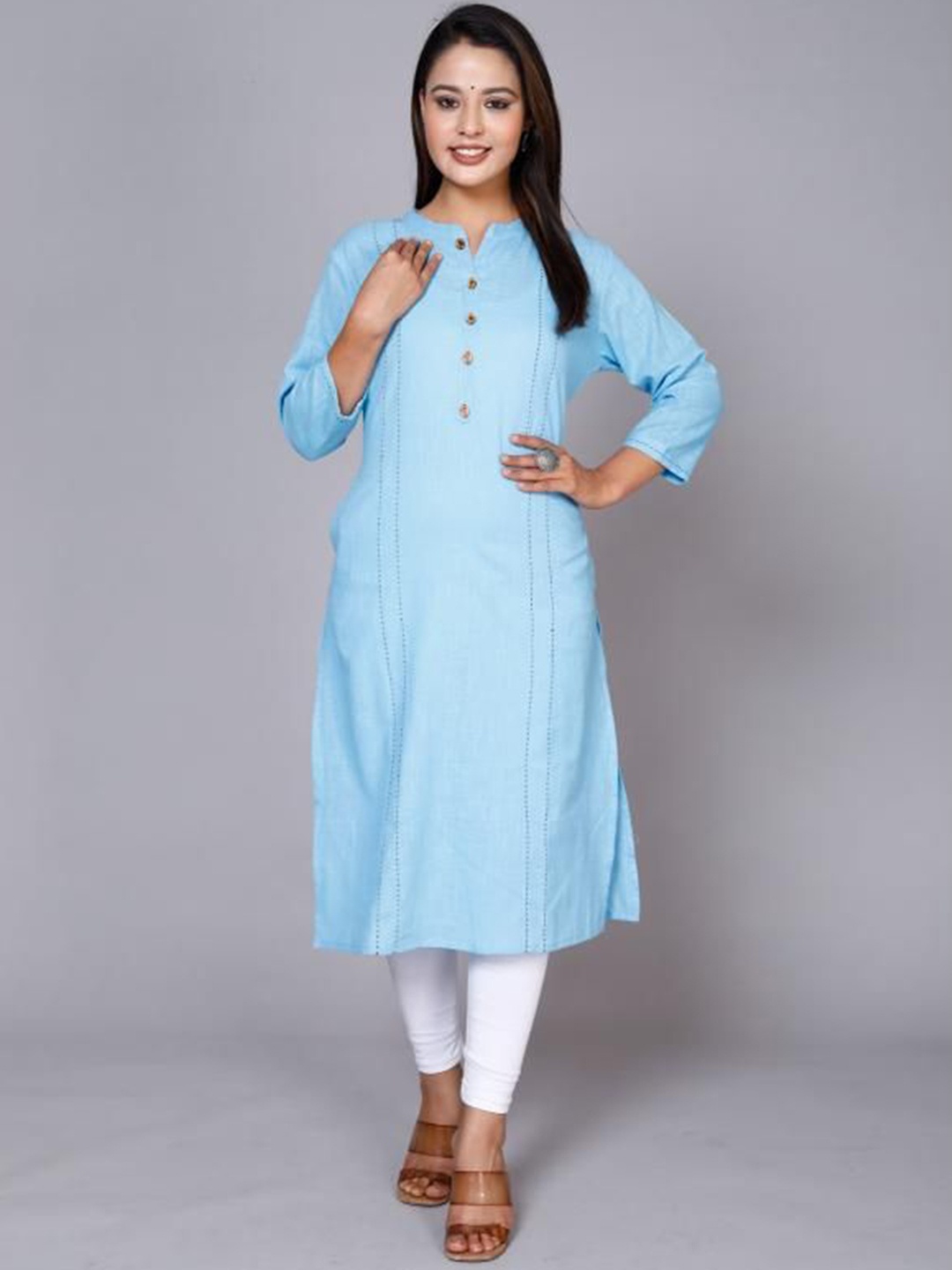 

ANTU KURTIES Mandarin Collar Three-Quarter Sleeves Regular Cotton Kurta, Blue