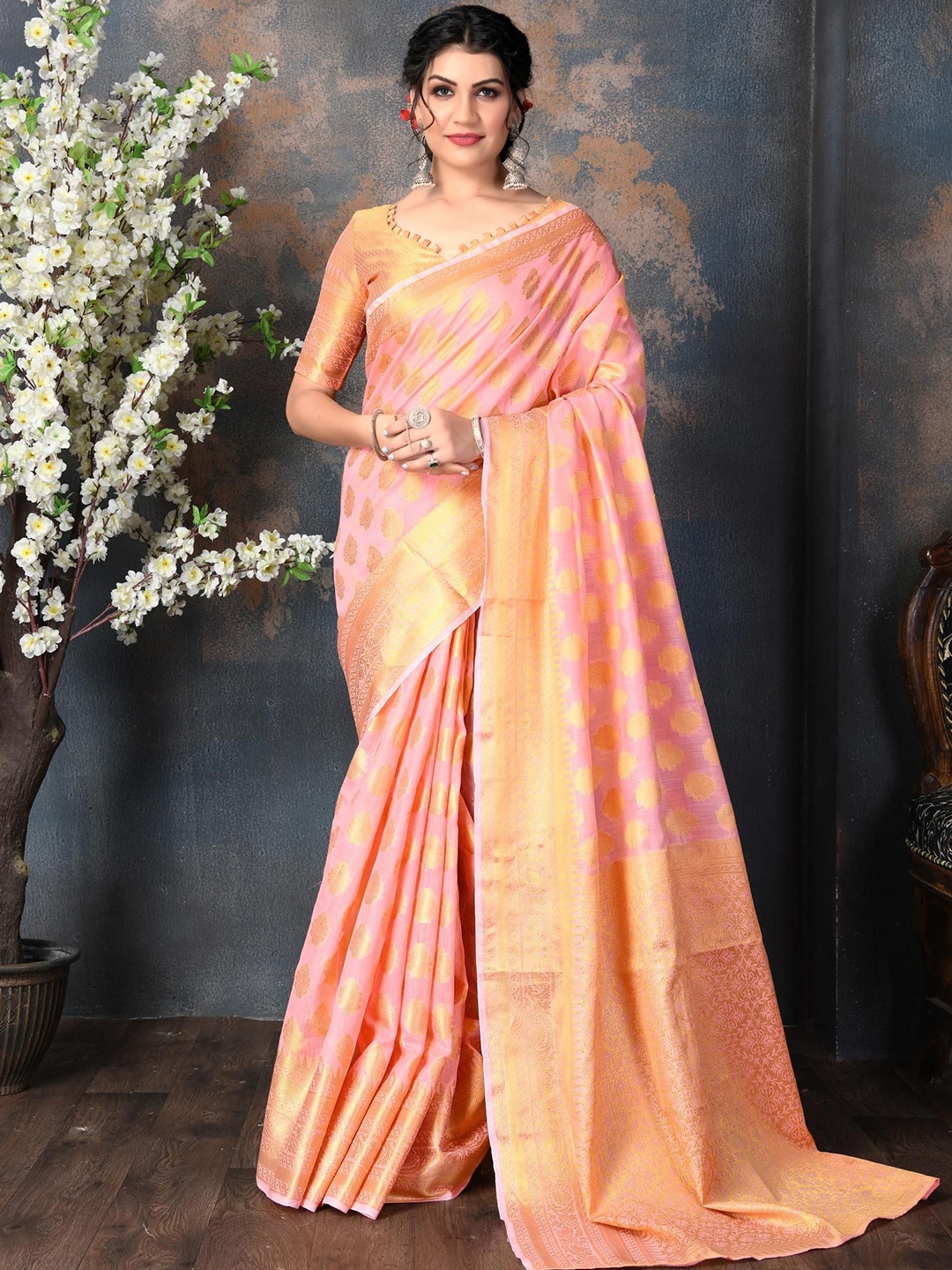 

Areca Designer Ethnic Motifs Zari Linen Blend Banarasi Saree, Pink