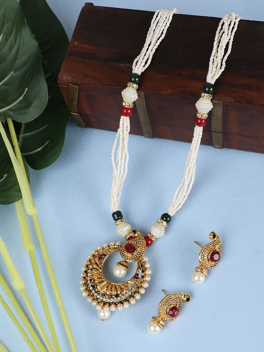 

ANIKAS CREATION Gold-Plated Stone-Studded Beaded Necklace & Earrings