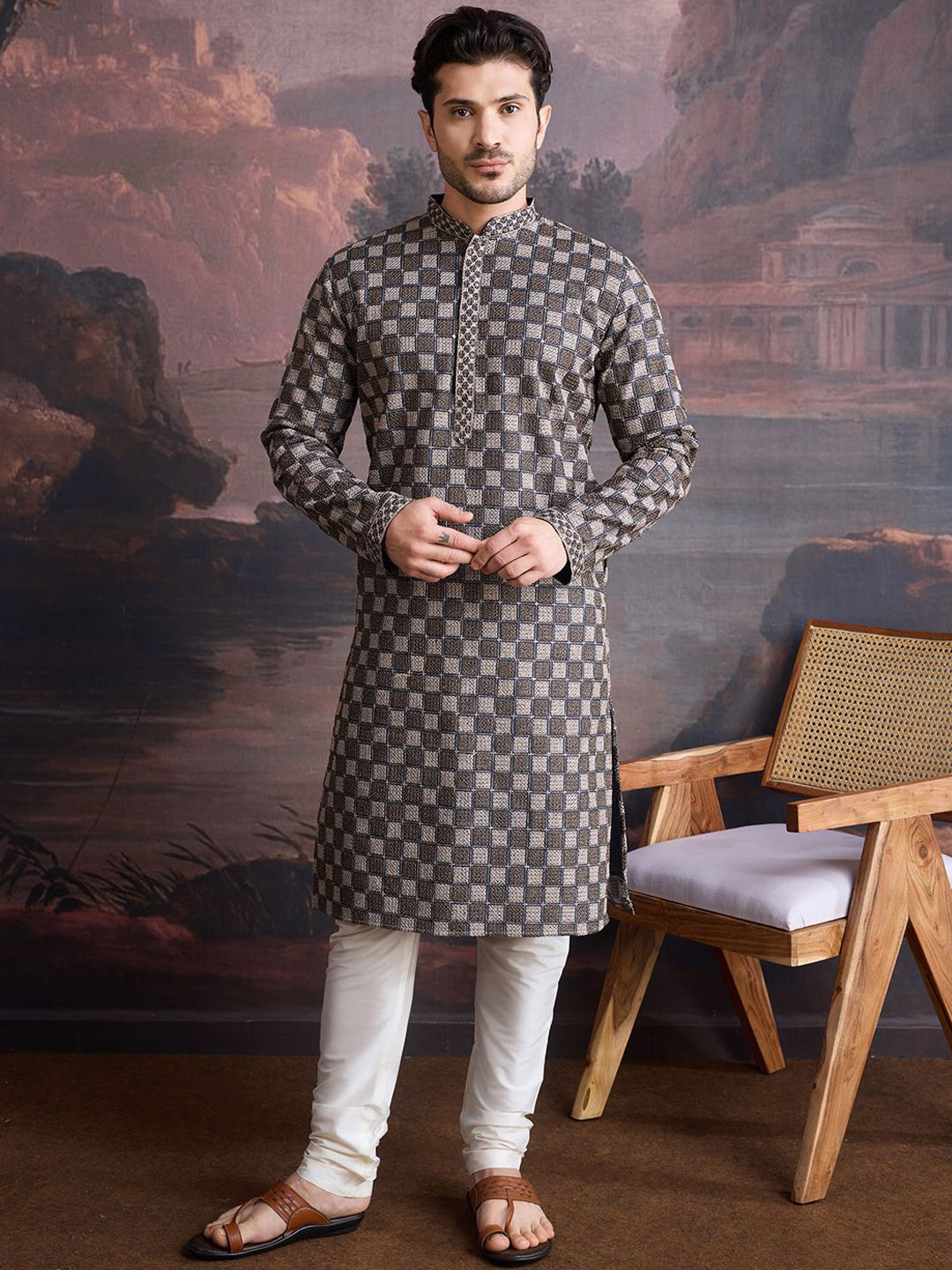 

House of Pataudi Geometric Embroidered Chikankari Cotton Straight Kurta, Black