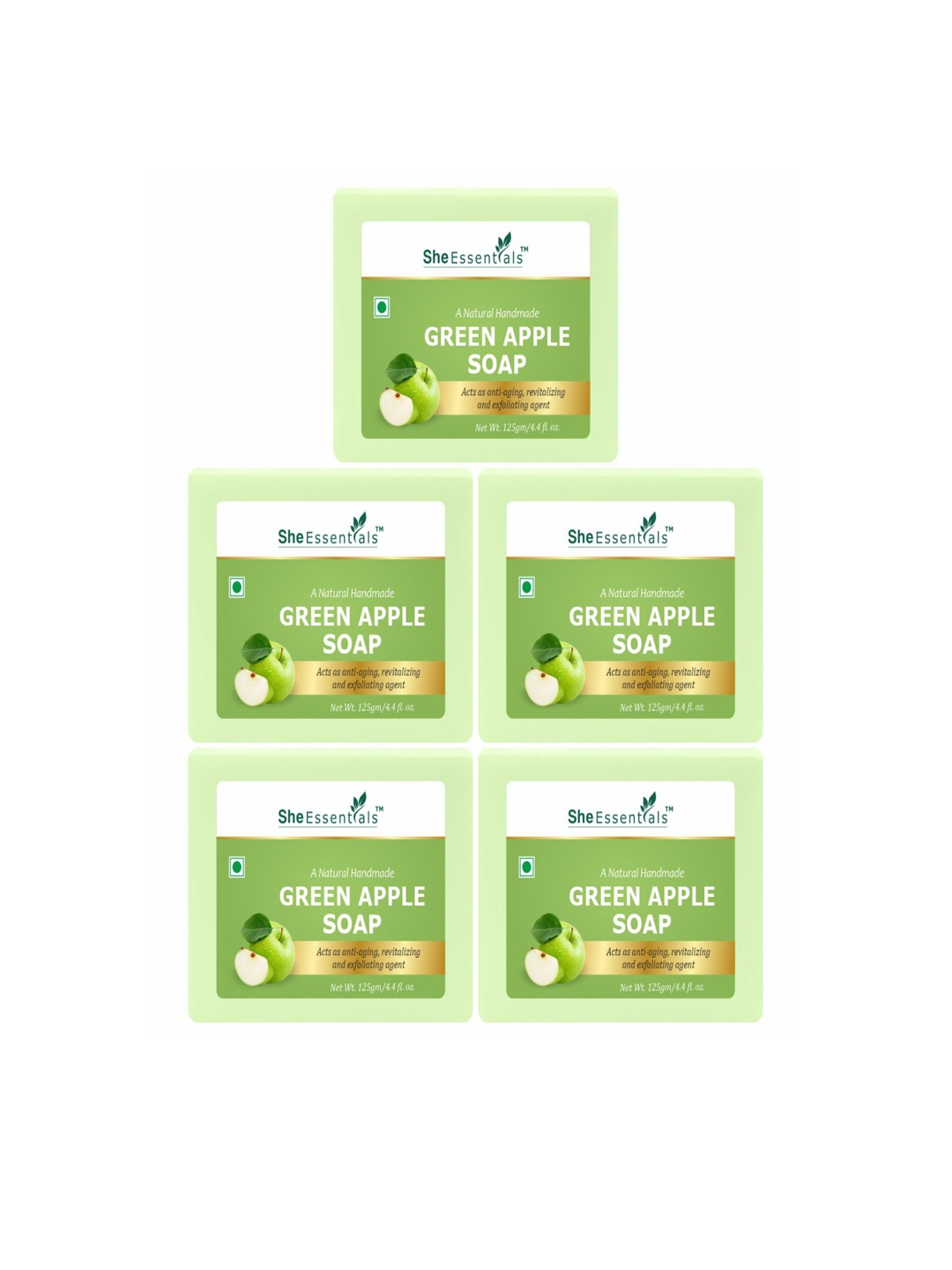 

She Essentials Set Of 5 Natural Green Apple Soap-125g Each, Transparent