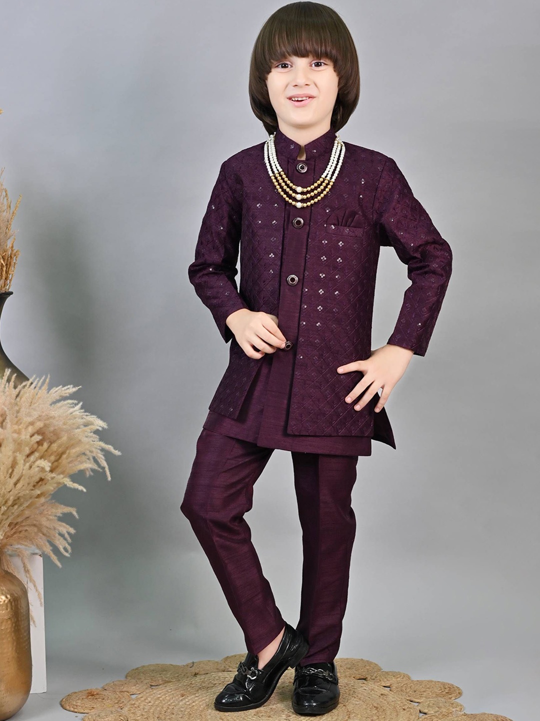 

ahhaaaa Boys Sequin Embellished Sherwani Set, Purple