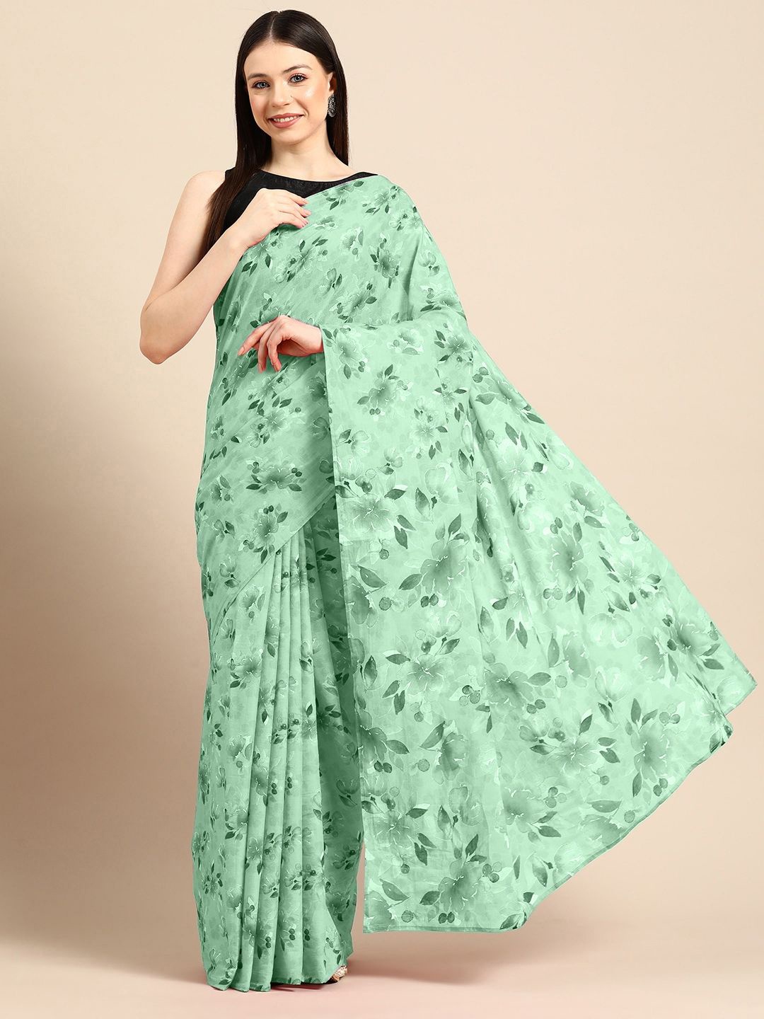 

BUTA BUTI Floral Printed Pure Cotton Daily Wear Saree, Green