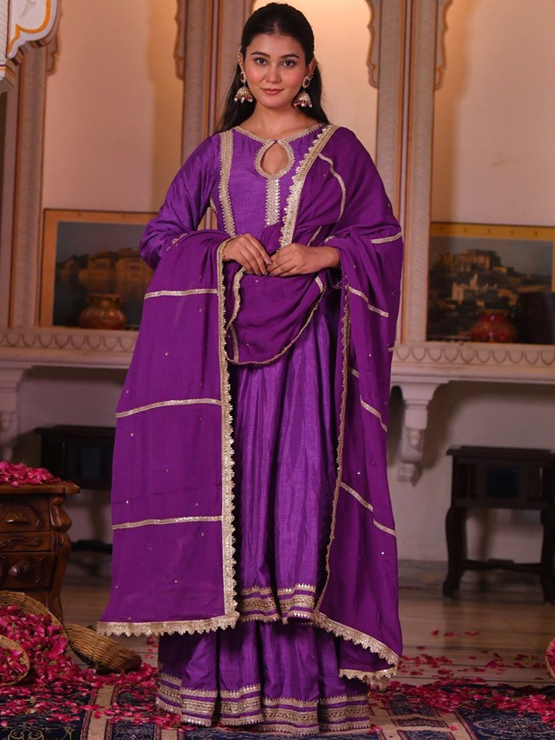 

MAHUKAA Gotta Patti Embellished Anarkali Kurta With Trousers & Dupatta, Purple