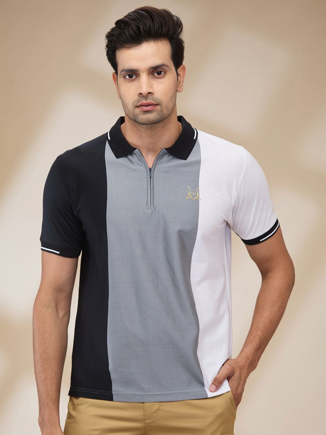 

ColorPlus Men Colourblocked Polo Collar Cotton T-shirt, Black