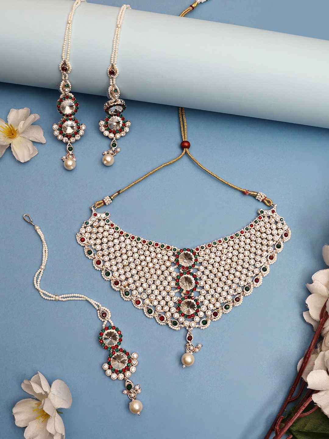 

ANIKAS CREATION Sliver-Plated Stone-Studded & Beaded Jewellery Set, Silver