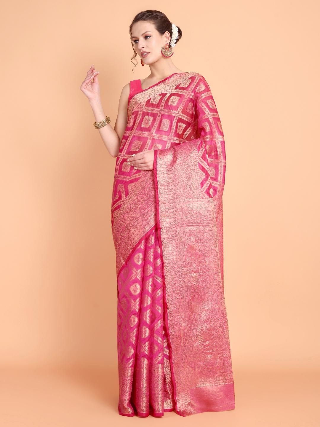 

Areca Designer Ethnic Motifs Zari Organza Banarasi Saree, Fuchsia