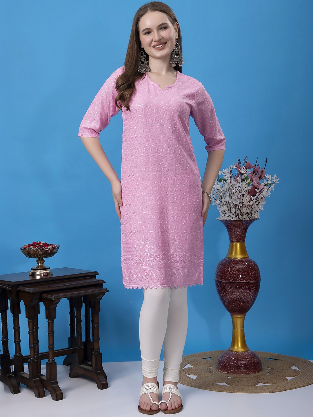 

KEX Floral Embroidered Chikankari Kurta with Trouser, Pink