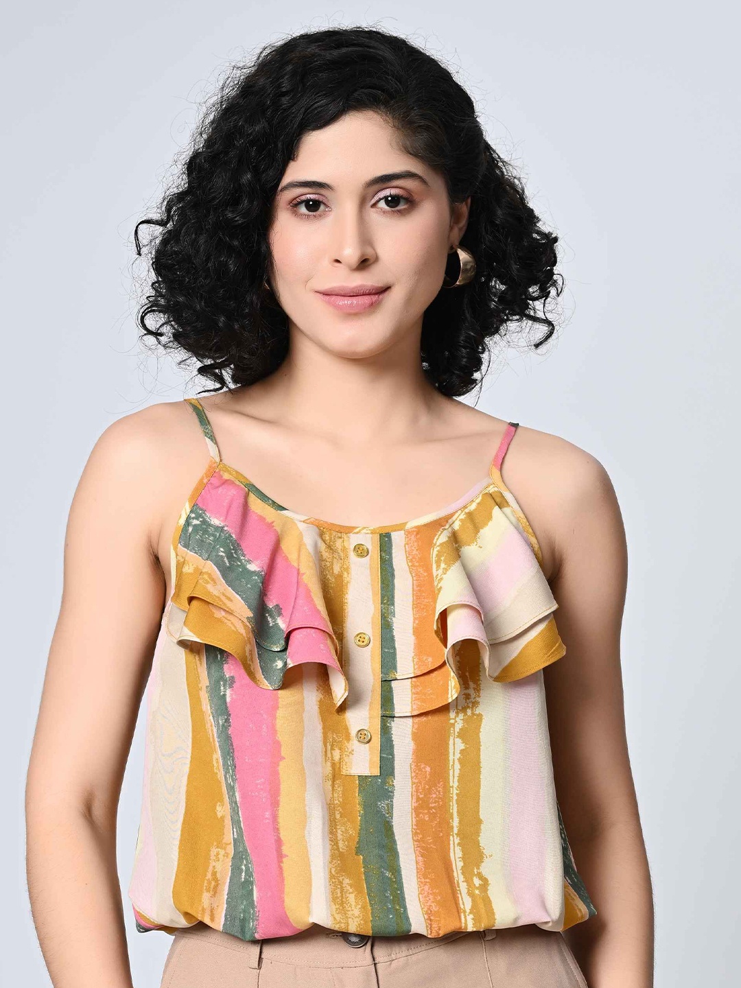 

BAESD Women Vertical Striped Shoulder Straps Top, Mustard