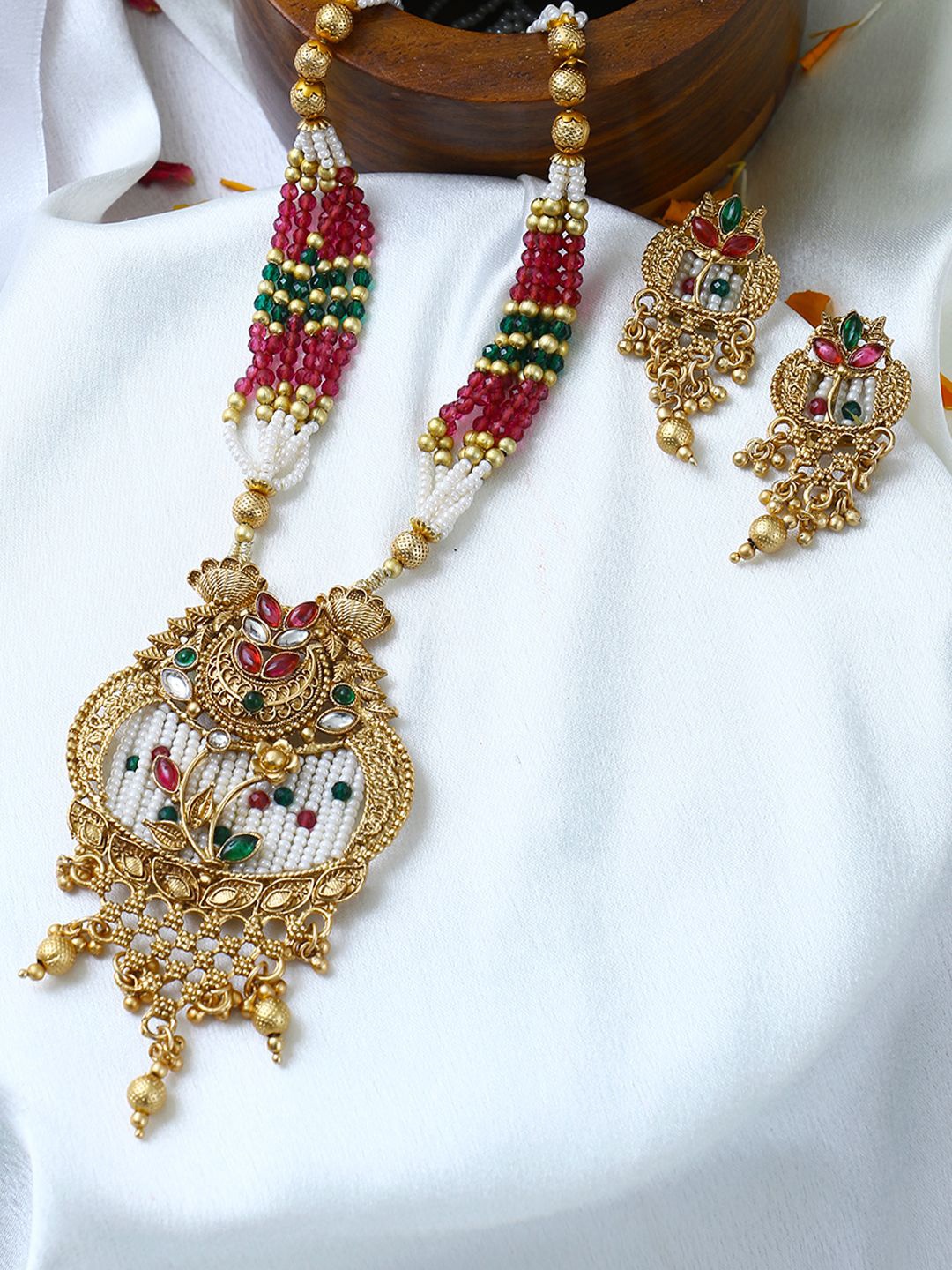 

Adwitiya Collection Gold-Plated Stone Studded & Beaded Antique Floral Motif Jewellery Set