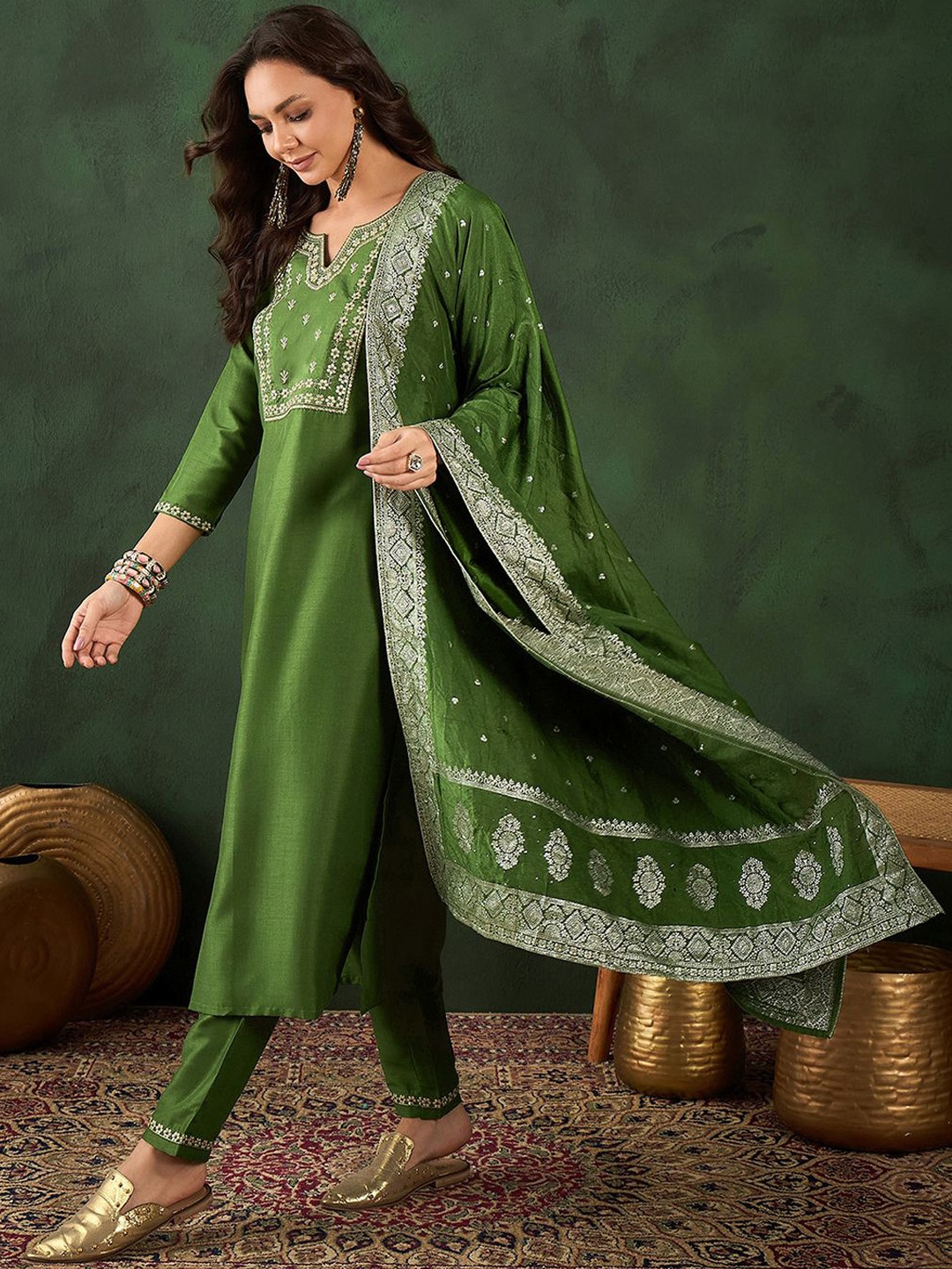 

Sangria Green Floral Yoke Design Sequinned Jacquard Straight Kurta With Trouser & Dupatta