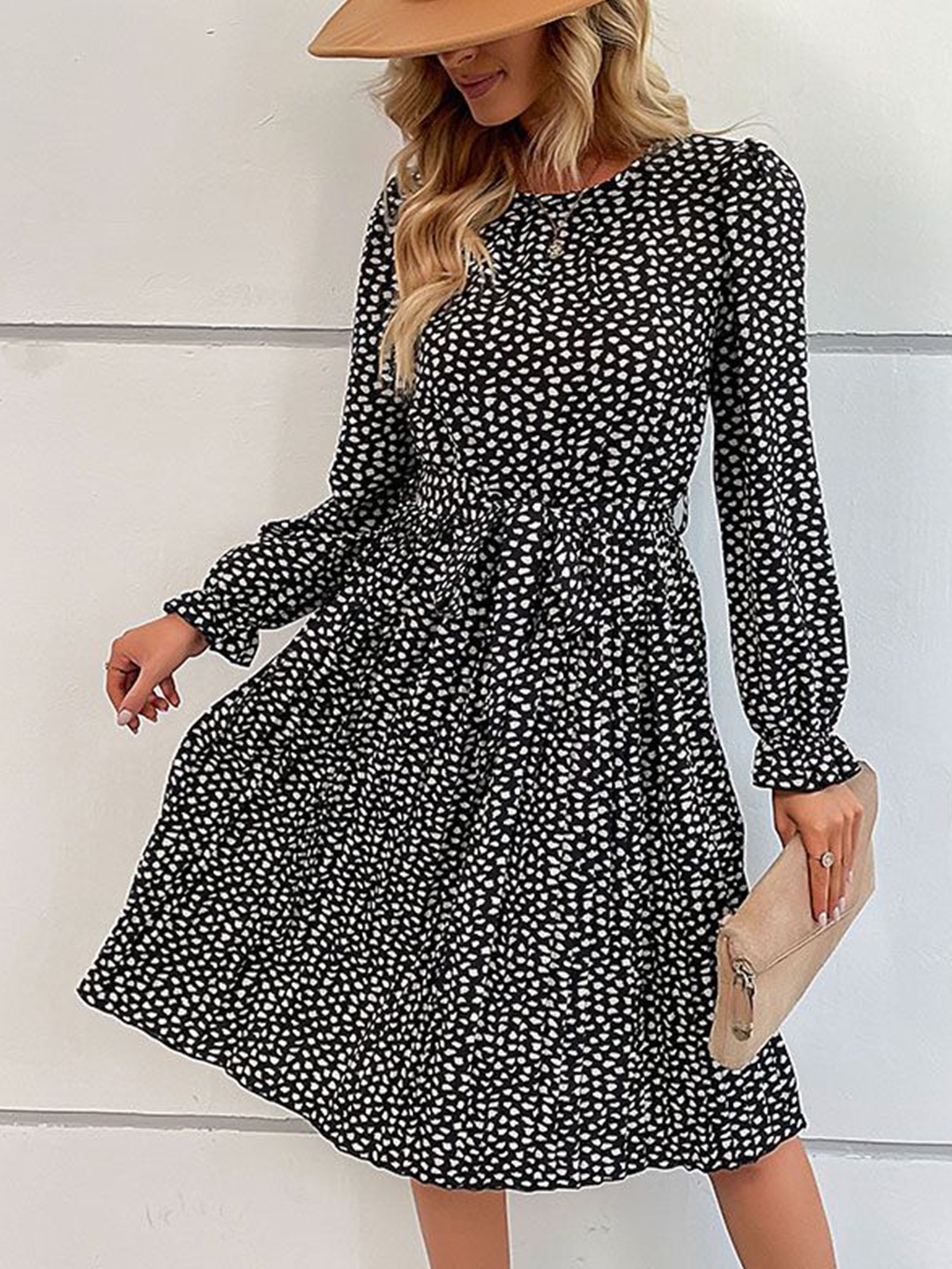 

HERE&NOW Women Abstract Printed Puff Sleeve Fit & Flare Dress, Black