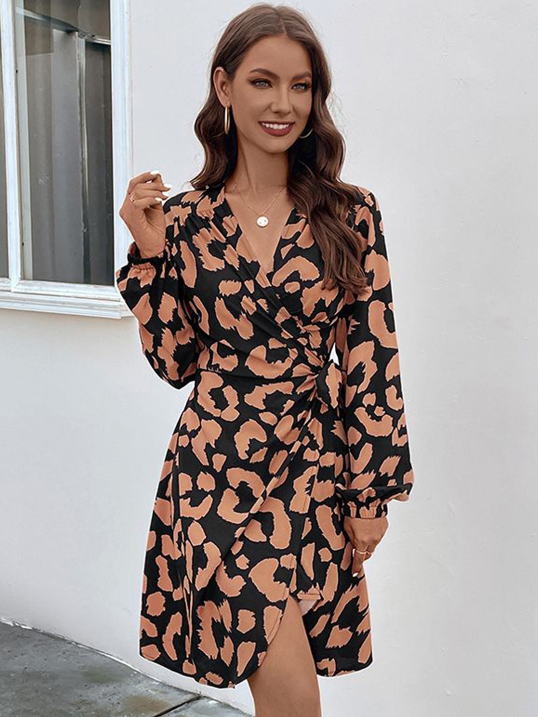 

HERE&NOW Women Abstract Printed Puff Sleeves Wrap Dress, Brown