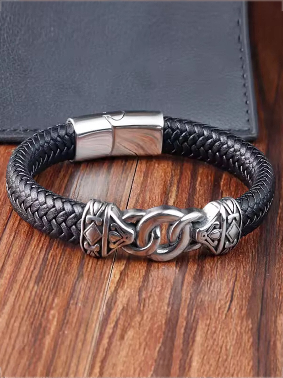 

Lila Men Leather Antique Wraparound Bracelet, Silver