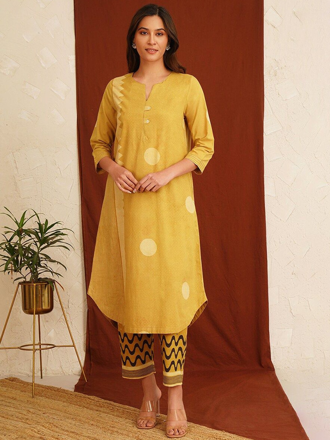 

JAYPORE Ethnic Motifs Printed Notch Neck A Line Kurta, Mustard