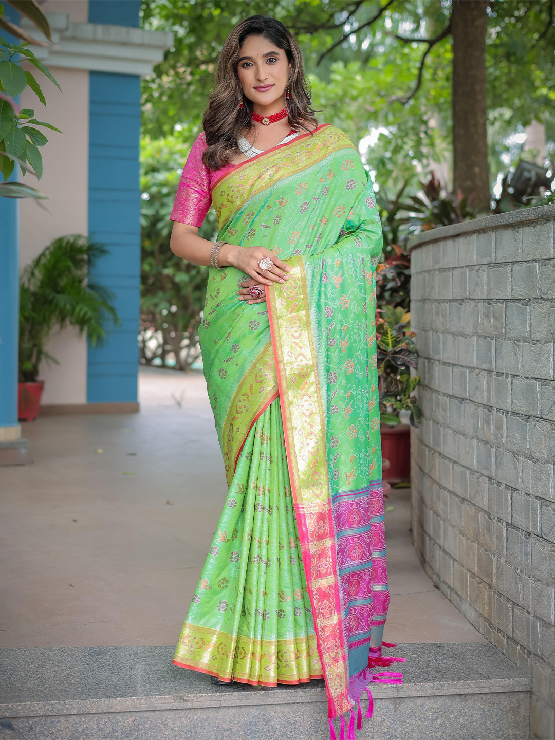 

KIMISHA Floral Zari Woven Design Patola Saree, Lime green