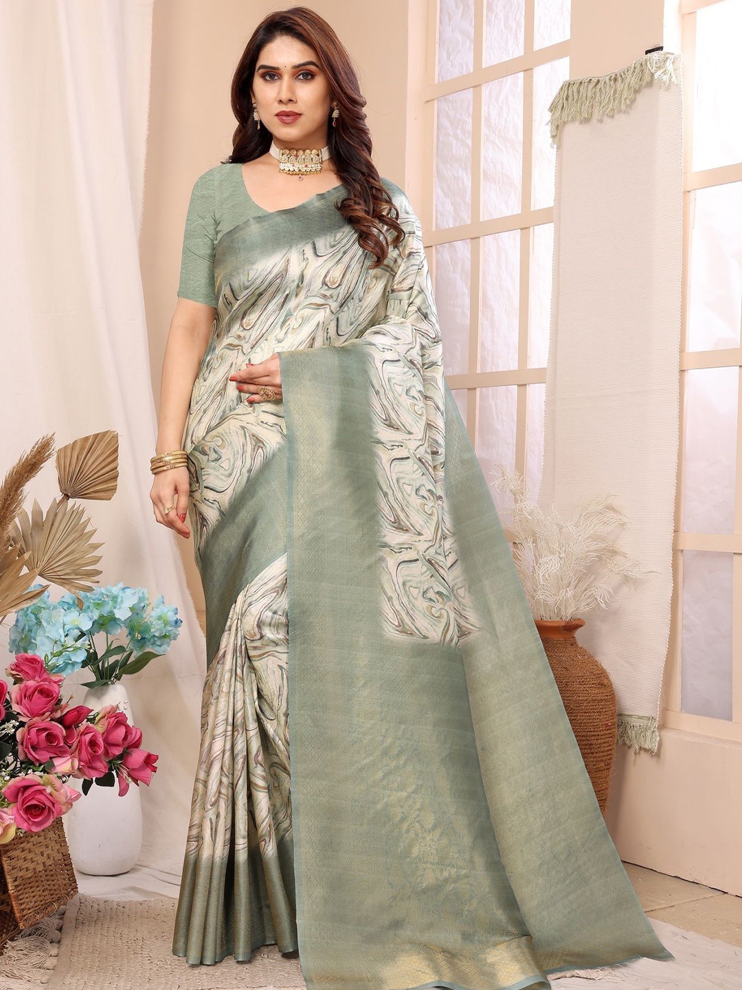 

Sidhidata Abstract Printed Zari Banarasi Saree, Sea green