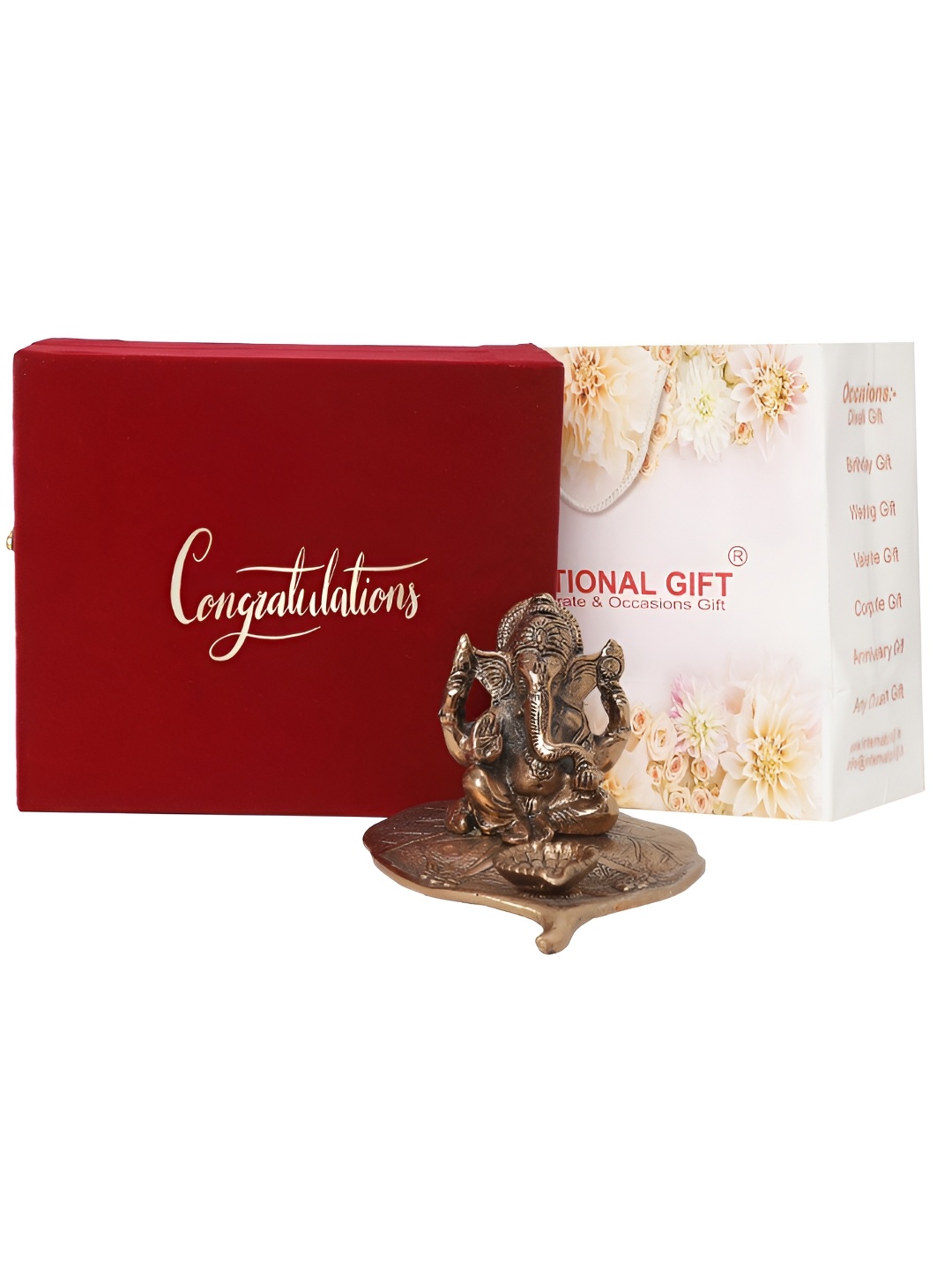 

INTERNATIONAL GIFT Copper-Toned Patta Ganesh Idol with Congratulations Tag & Velvet Box