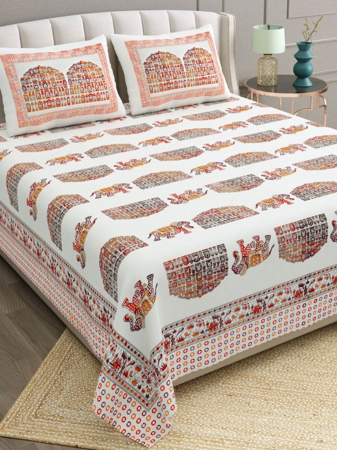 

The Craft Monk Orange & White Ethnic 240 TC Cotton Double King Bedsheet & 2 Pillow Covers