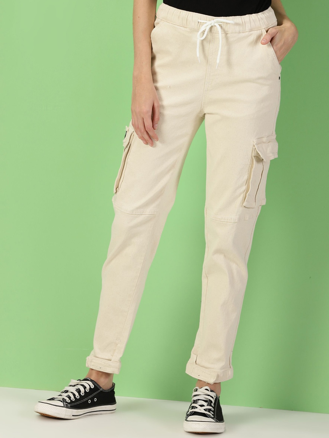 

THIRD QUADRANT Women Jean Relaxed Fit High-Rise Cargo Jeans, Beige