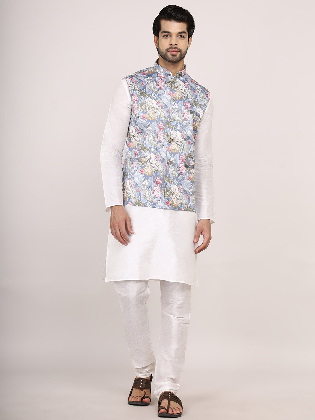 

Sadree Band Collar Straight Dupion Silk Kurta With Churidar & Nehru jacket, White