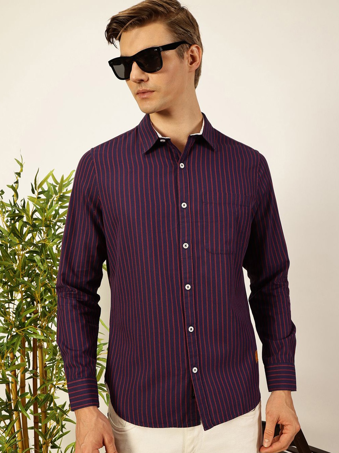 

Thomas Scott Men Smart Spread Collar Vertical Striped Cotton Slim Fit Casual Shirt, Purple