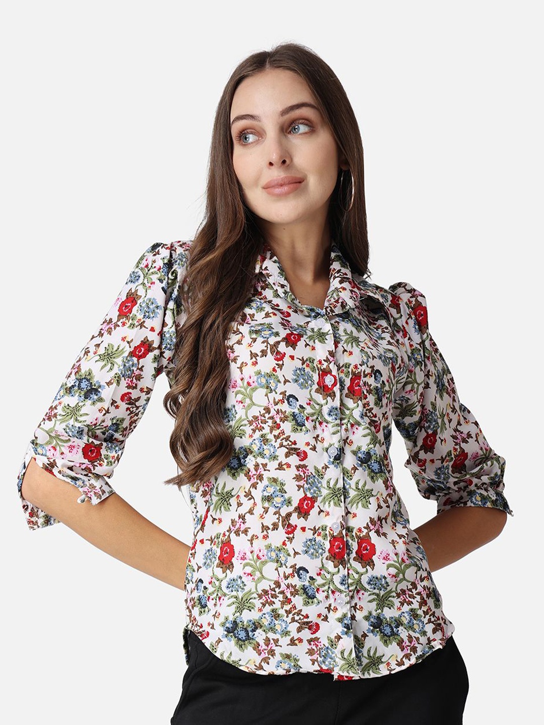 

BAESD Women Classic Spread Collar Abstract Printed Crepe Casual Shirt, White