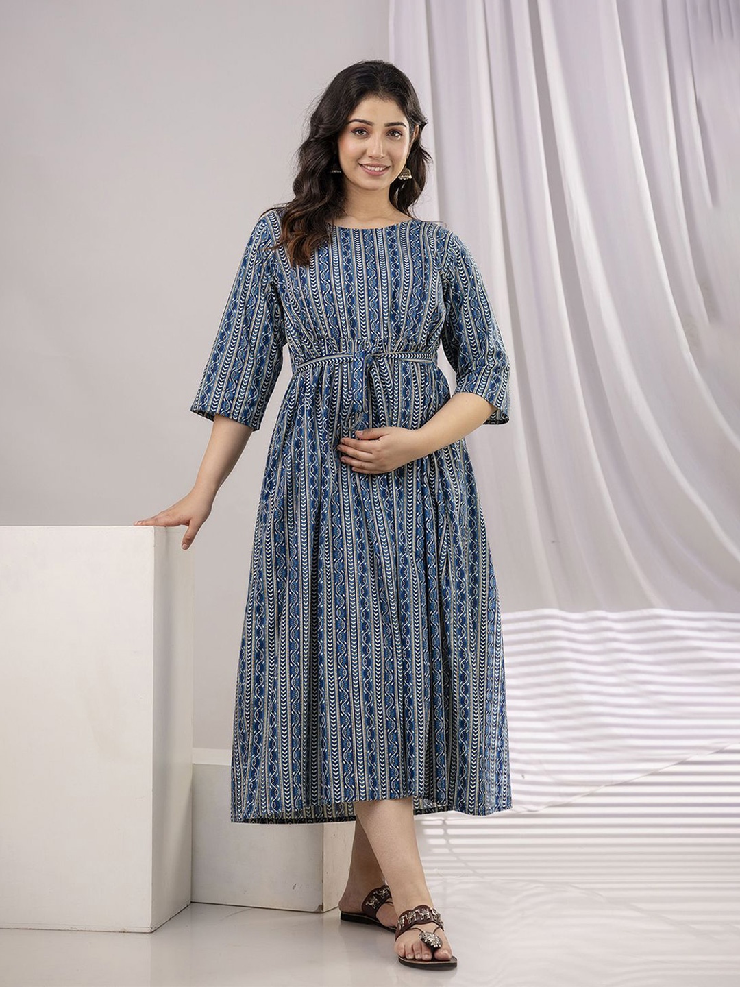 

Nayo Women Ethnic Printed Maternity Maxi Dress, Navy blue