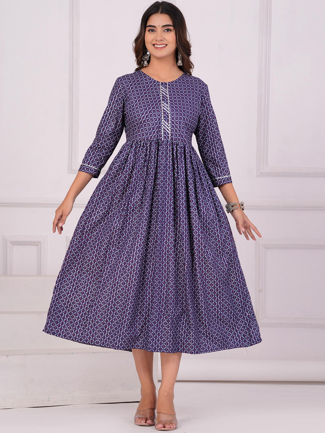 

ANTU KURTIES Geometric Printed Three-Quarter Sleeves Viscose Rayon Ethnic Dress, Purple