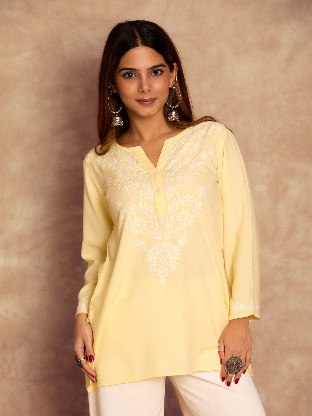 

House of Chikankari Chikankari Woven Short Kurta, Yellow