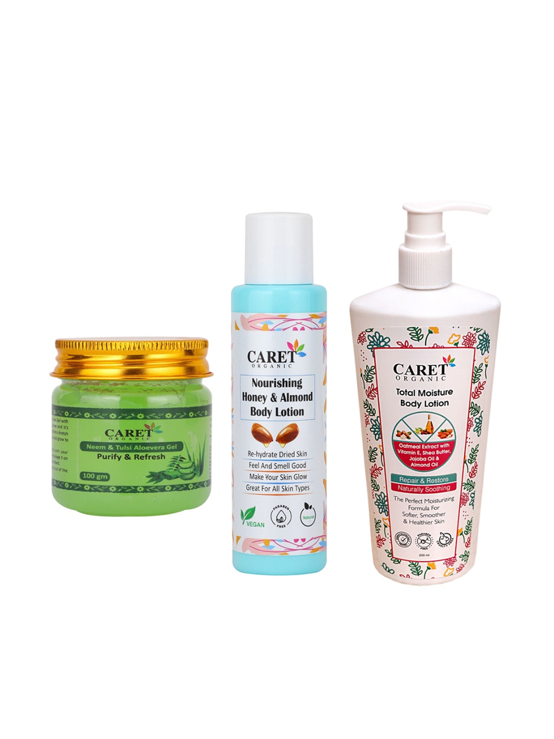 

CARET ORGANIC Neem & Tulsi Aloevera Gel, Honey-Almond Body Lotion & Total Moisture Lotion, White