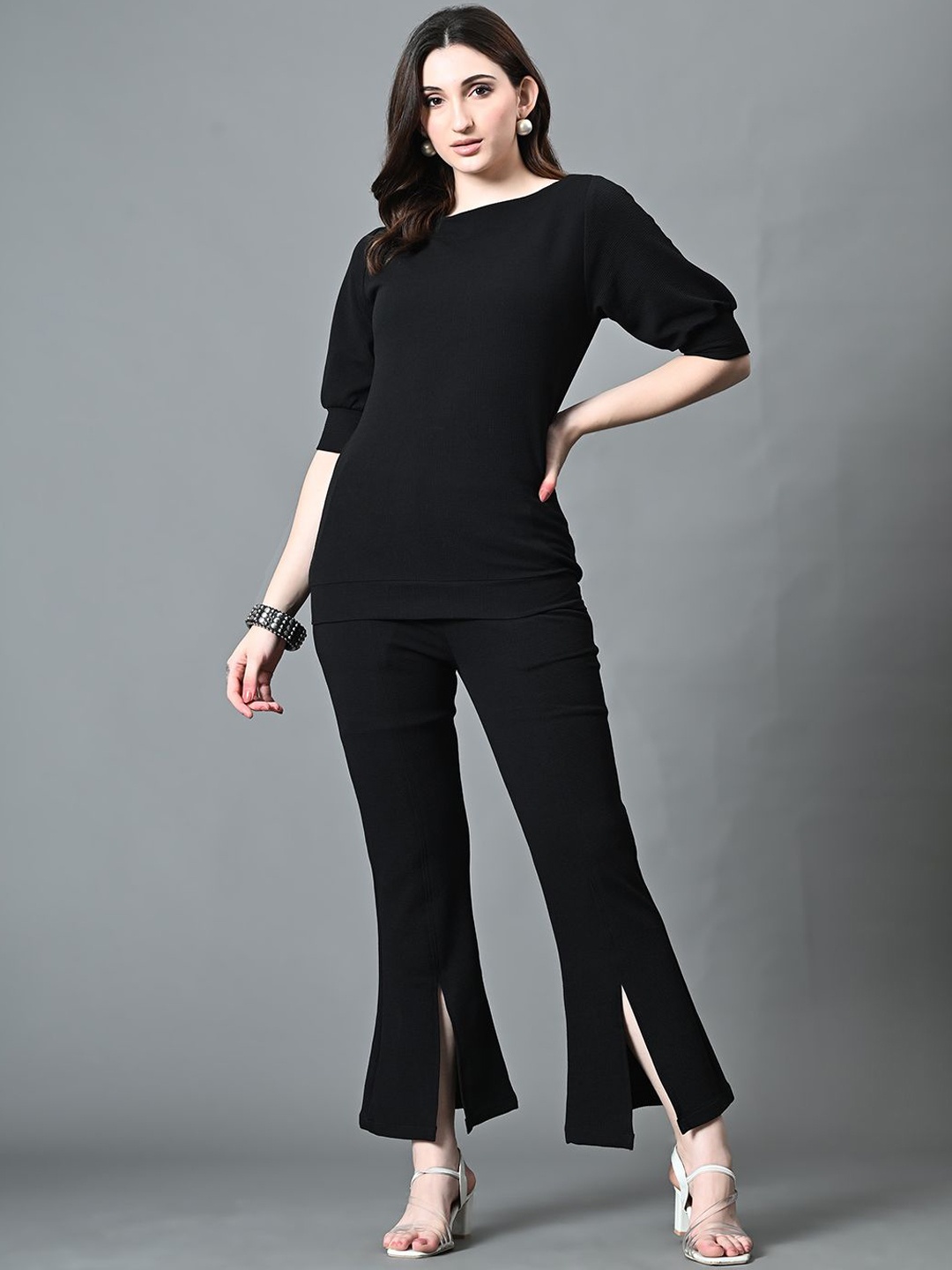 

The Roadster Lifestyle Co. Boat Neck Puff Sleeves Top With Trouser, Black