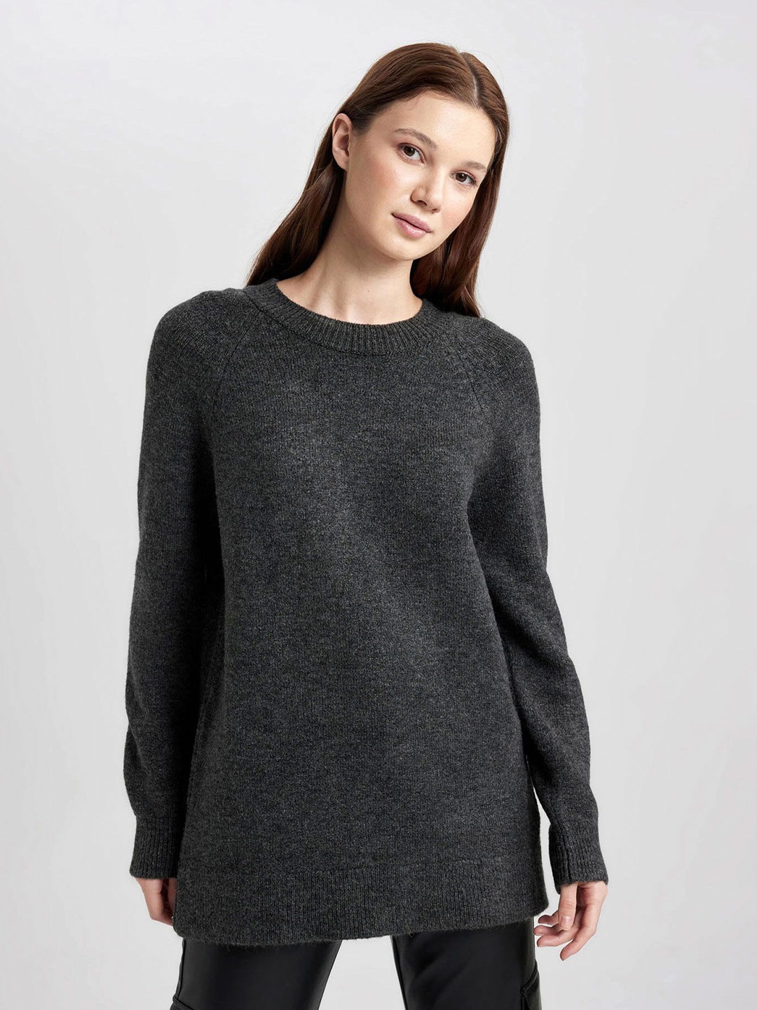 

DeFacto Round Neck Long Sleeve Sweaters, Grey melange