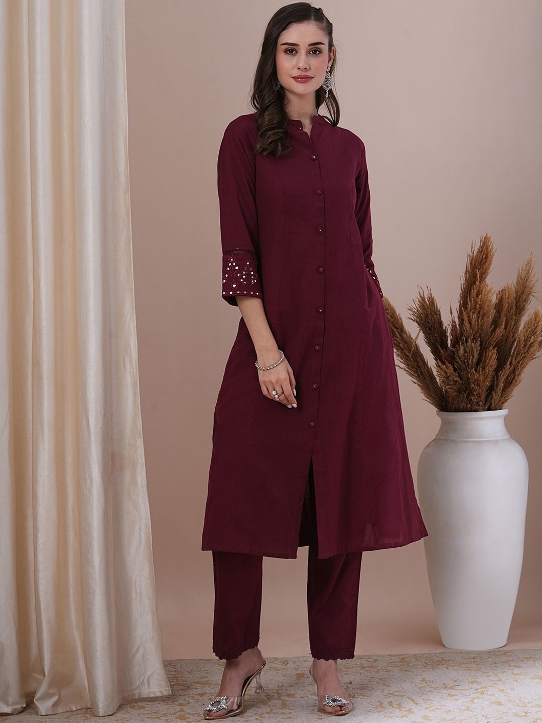 

FASHOR Embroidered Mandarin Collar Pure Cotton Tunic With Trousers, Maroon