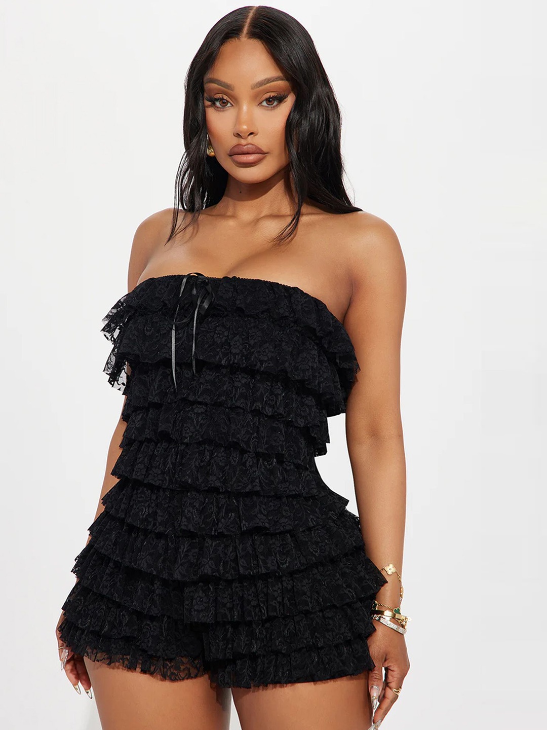 

LULU & SKY Women Strapless Neck Sleeveless Backless Playsuit, Black