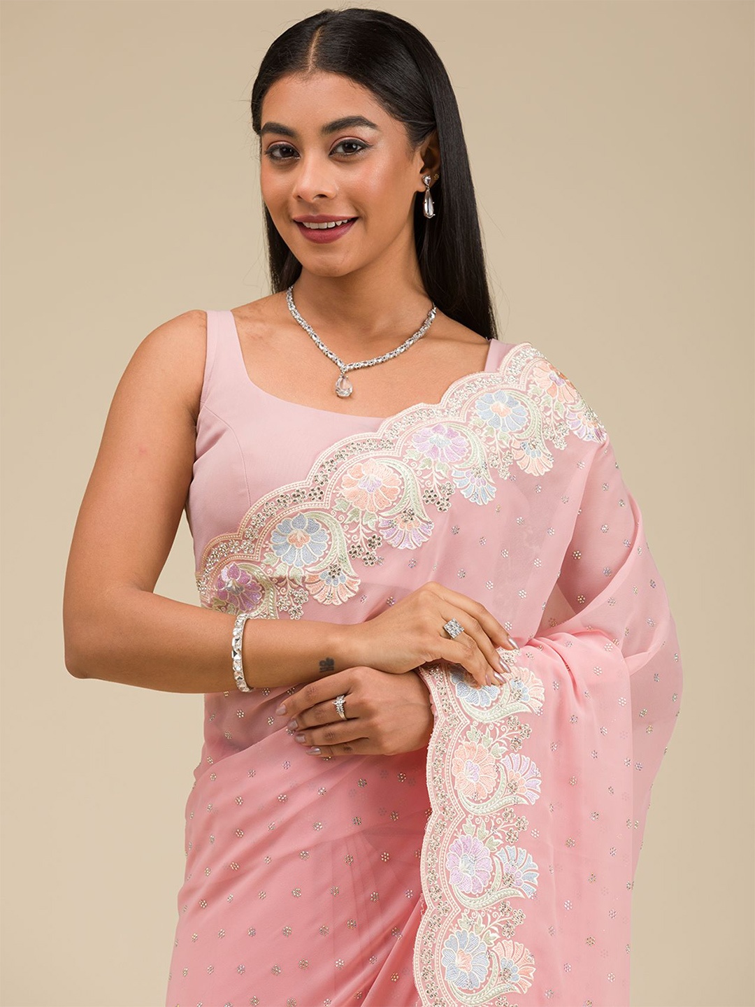 

Koskii Floral Beads and Stones Pure Georgette Saree, Pink