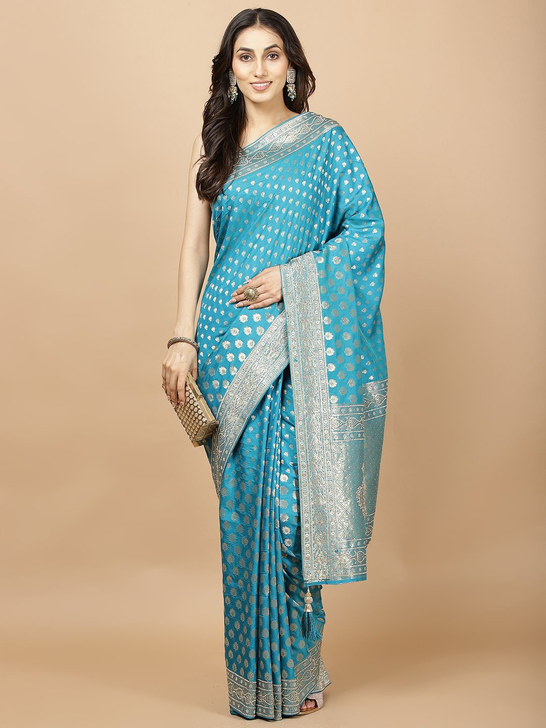 

Meena Bazaar Ethnic Motifs Booti Woven Art Silk Banarasi Saree, Blue