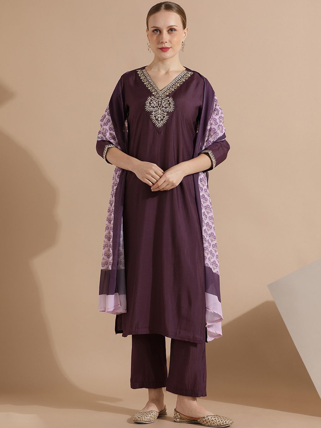 

Jaipur Kurti Festive Embroidered Silk Blend Kurta Set With Printed Dupatta, Purple