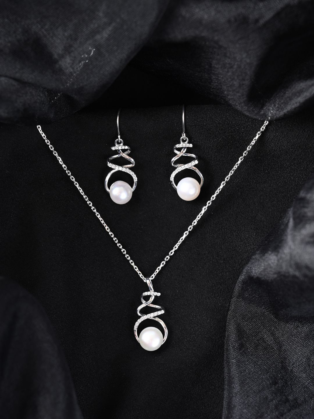 

Clara 925 Sterling Silver Rhodium-Plated Stone Studded & Beaded Pendant & Earrings