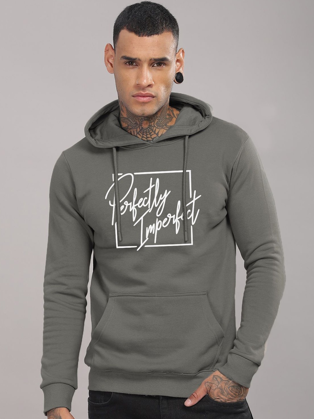 

ADRO Men Printed Hooded Long Sleeves Sweatshirt, Grey