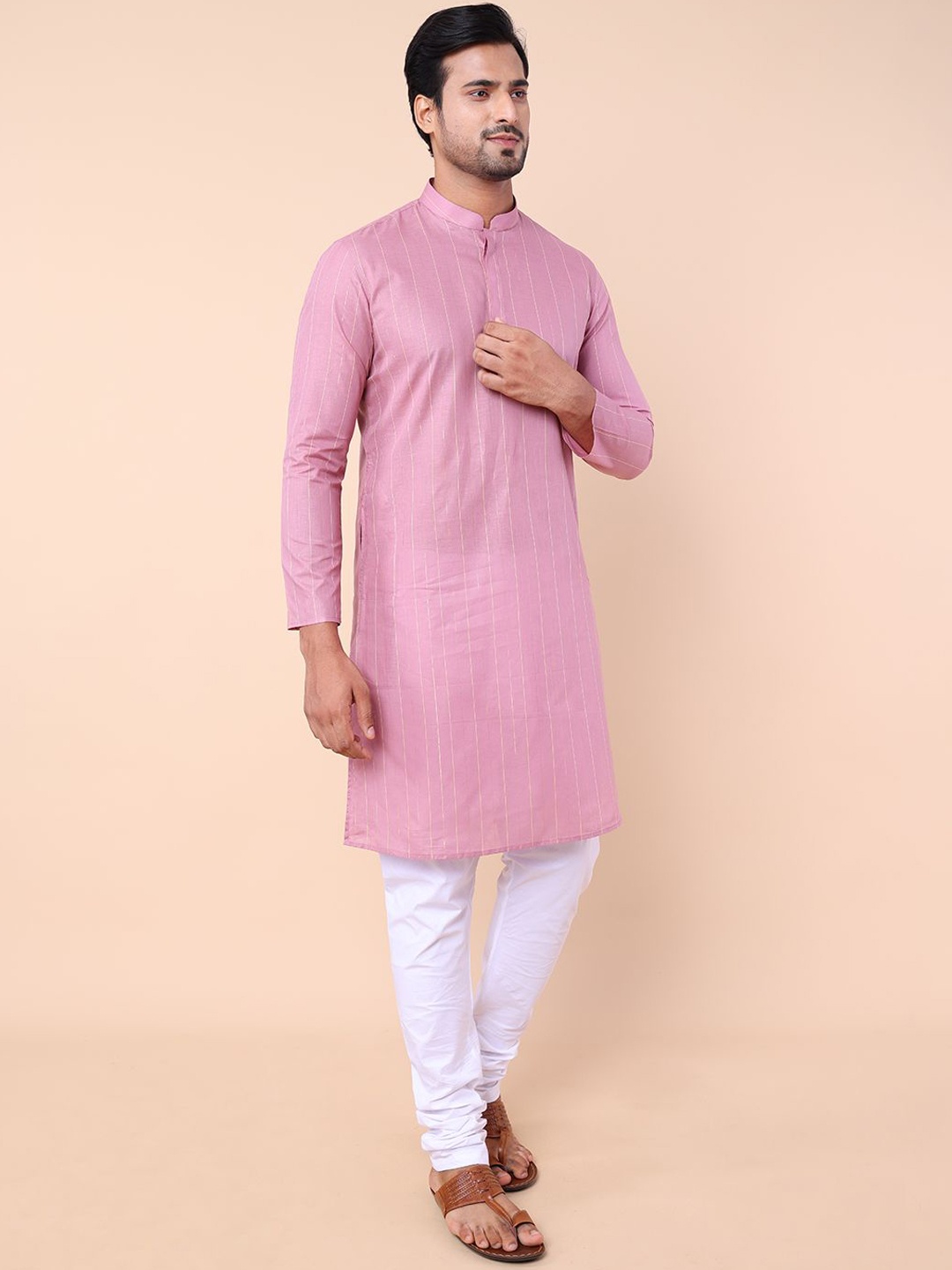 

NAMASKAR Mandarin Collar Pure Cotton Kurta with Churidar, Pink