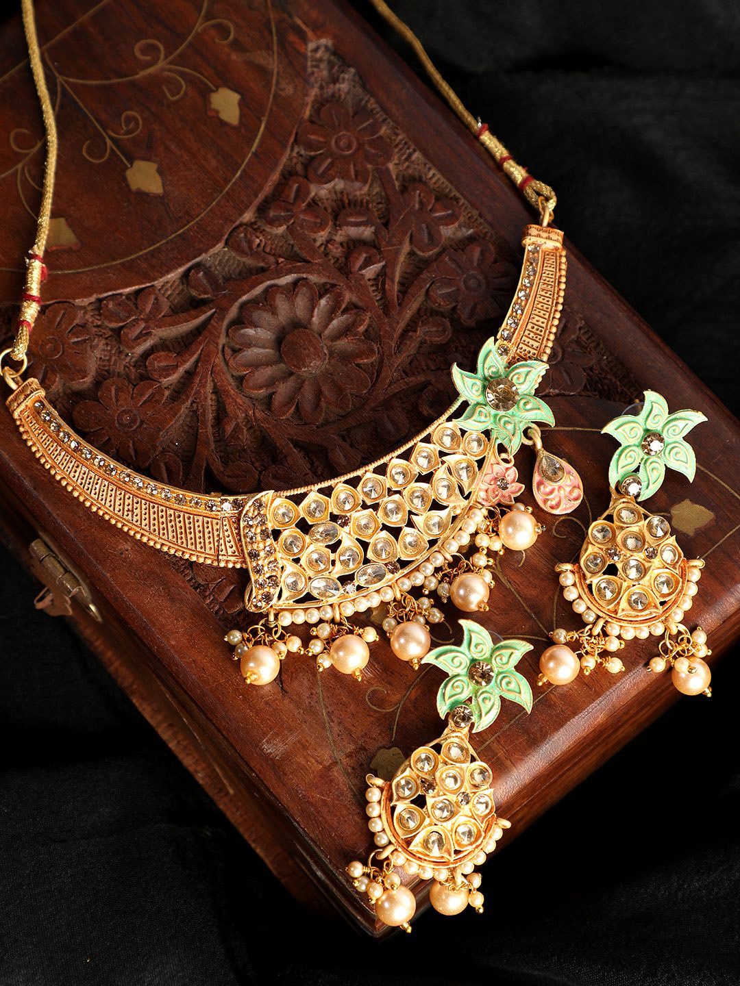 

ANIKAS CREATION Gold-Plated Stone-Studded & Beaded Enamelled Jewellery Set