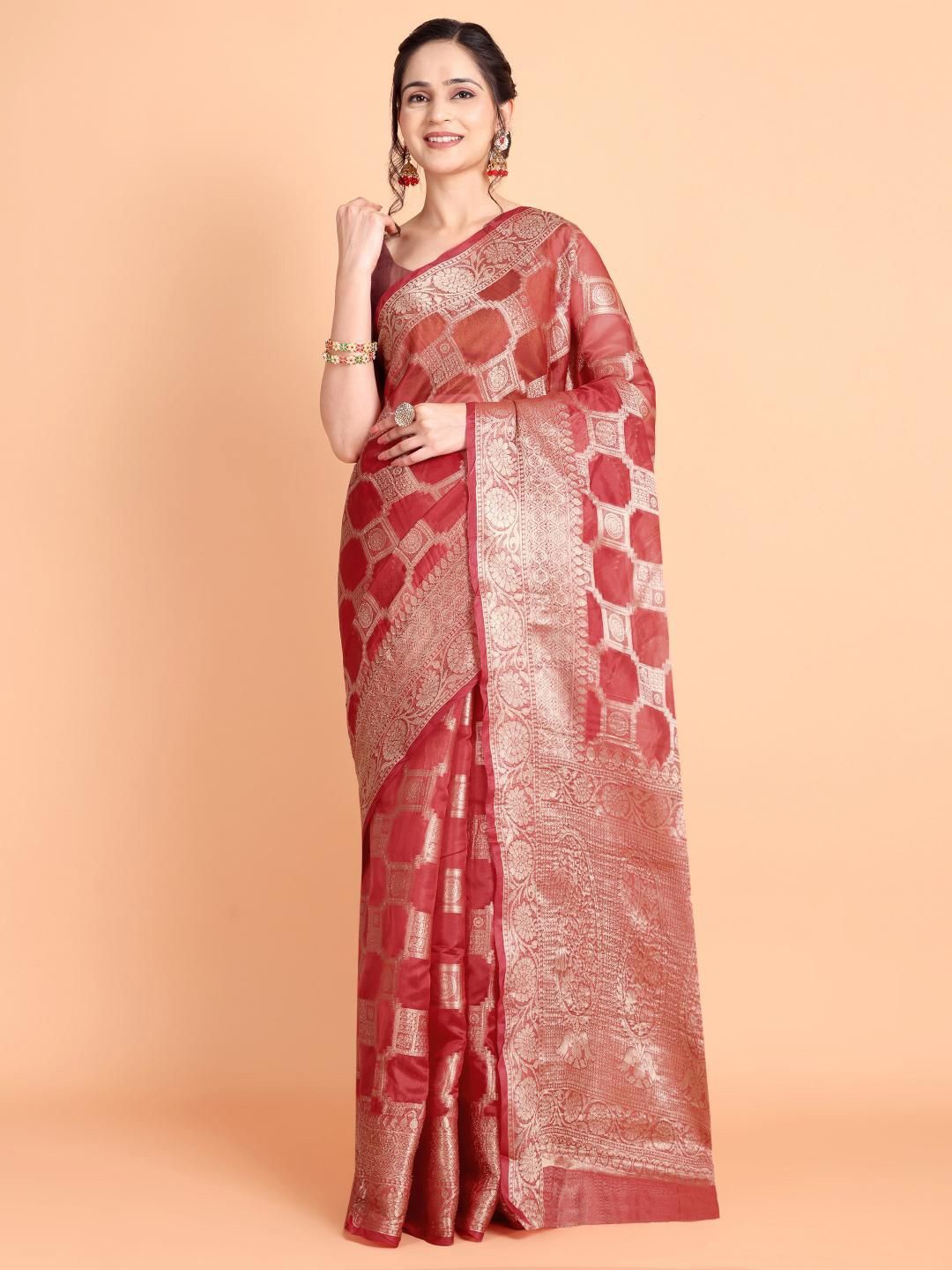 

Areca Designer Ethnic Motifs Zari Organza Banarasi Saree, Red