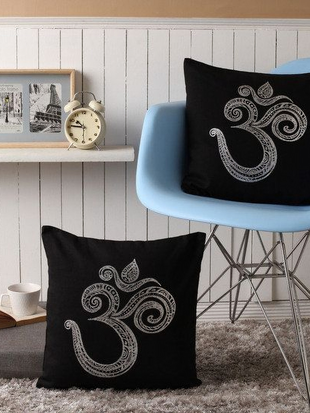 

Lushomes Black & Silver Toned 2 Pieces Printed Cotton Square Cushion Covers