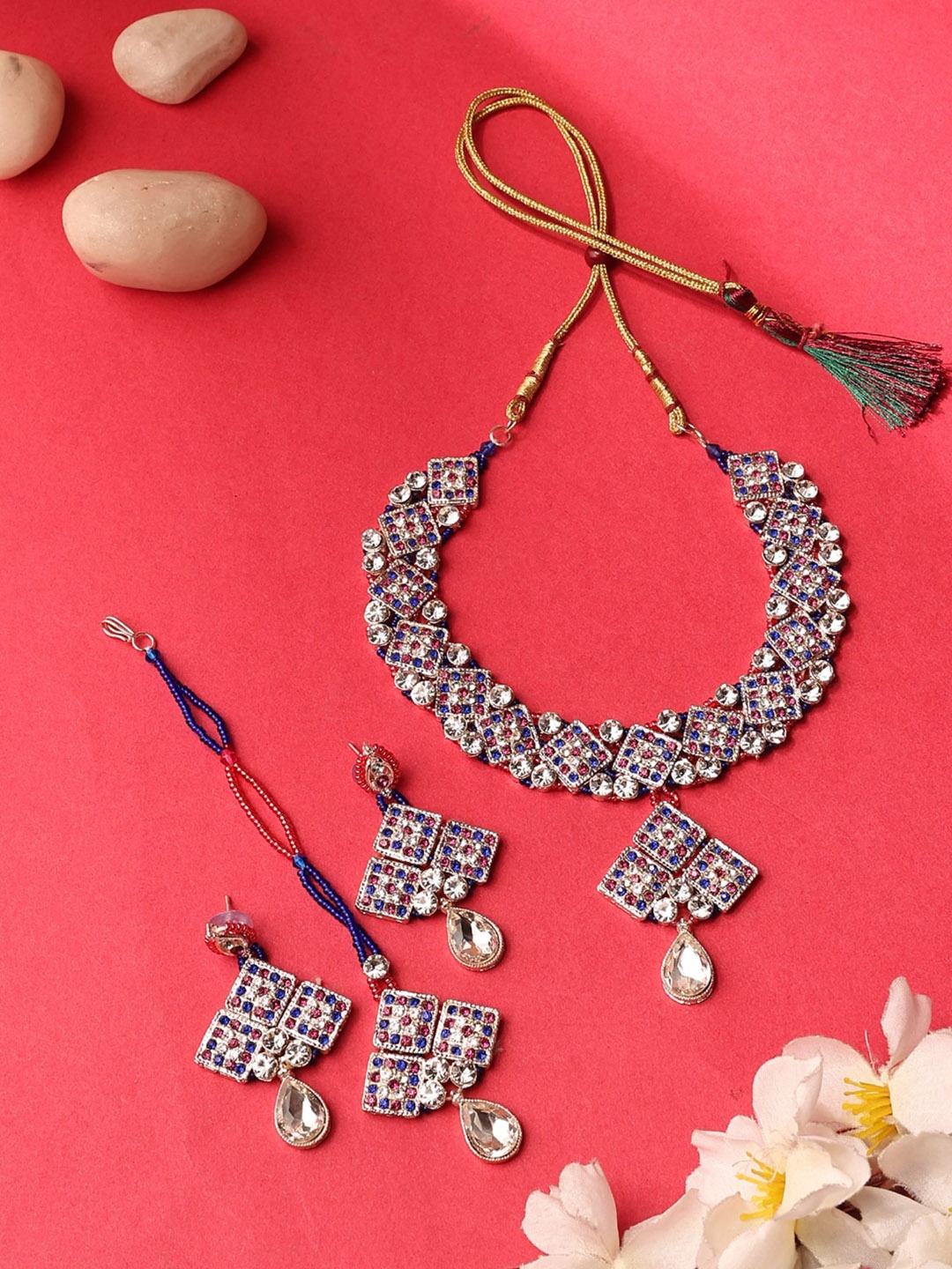 

ANIKAS CREATION Sliver-Plated Stone-Studded & Beaded Necklace & Earrings With Maang Tika, Silver