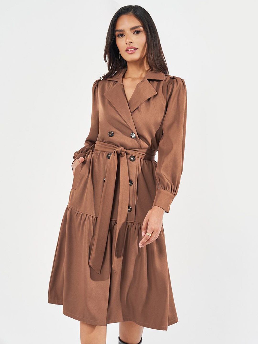 

Styli Women Solid Long Sleeves Blazer Midi Dress, Brown