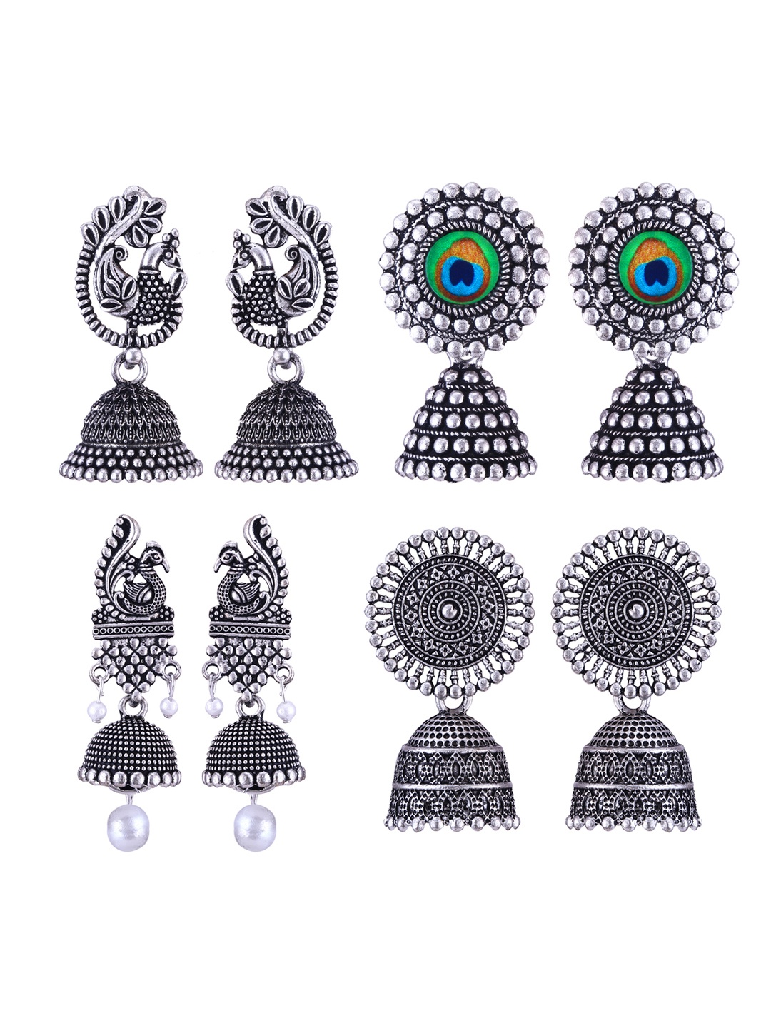 

DIVASTRI Set of 4 Silver Plated Dome Shaped Oxidised Jhumkas