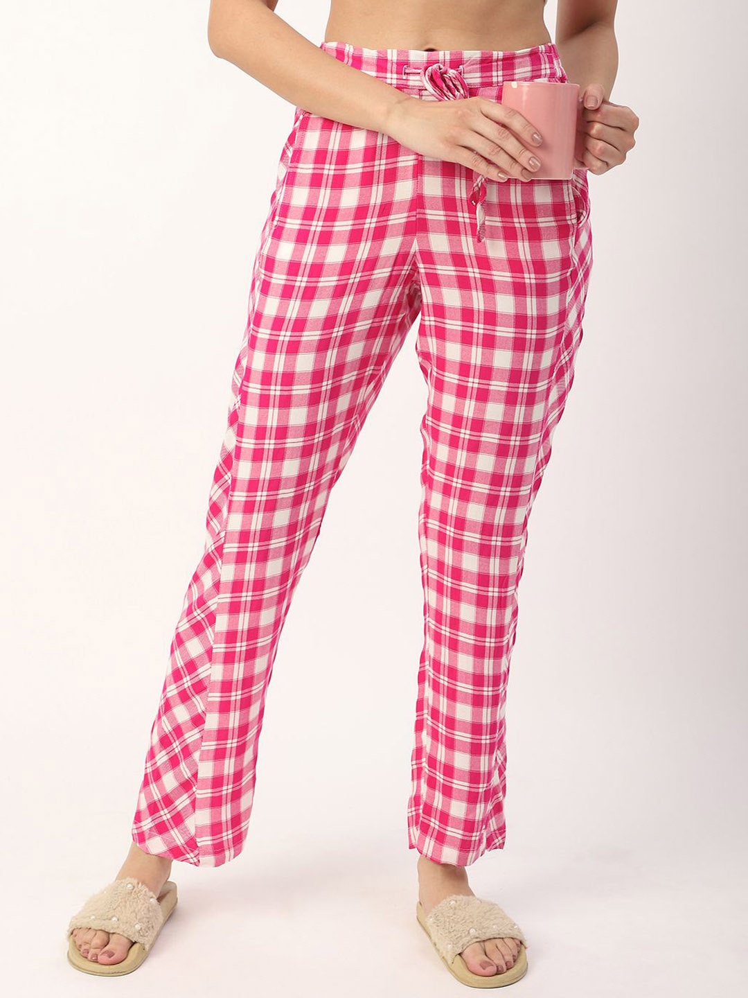 

Mystere Paris Women Checked Mid- Rise Lounge Pants, Magenta